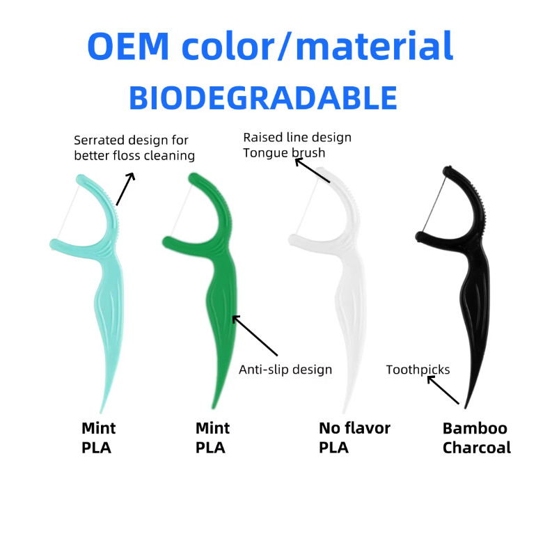 Eco-Friendly Corn Starch 100% Compostable PLA Dental Floss Toothpick Vegan Bamboo Charcoal Tooth Nylon Dental Floss Pick